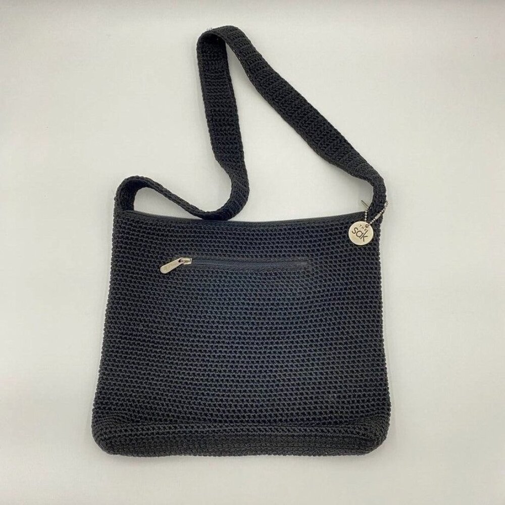 The Sak Crochet Handbag Black 12x10" Shoulder Bag Purse Carry Zipper Top‎